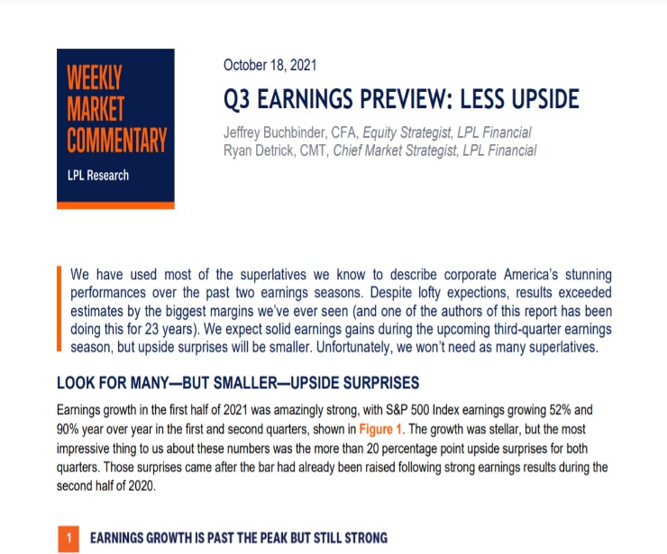 Q3 Earnings Preview: Less Upside | Weekly Market Commentary | October 18, 2021