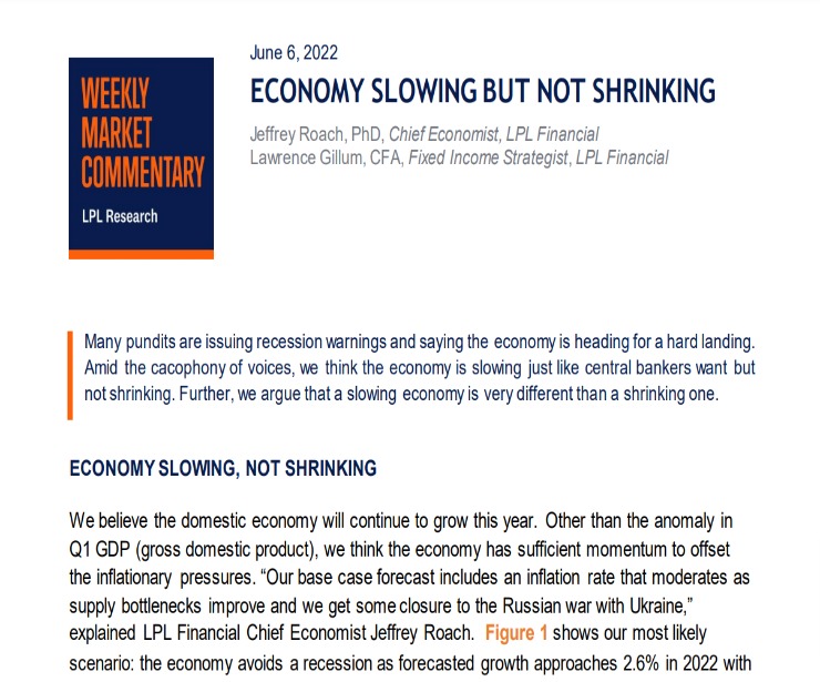 Economy Slowing but Not Shrinking | Weekly Market Commentary | June 6, 2022